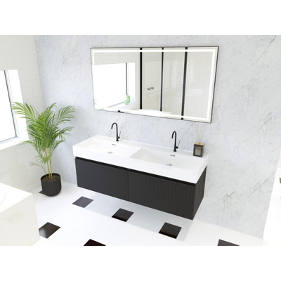 HR Matrix ensemble meuble de salle de bain 3d 140cm 2 tiroirs sans poignée avec bandeau couleur noir mat avec vasque kube 2 trous de robinetterie blanc