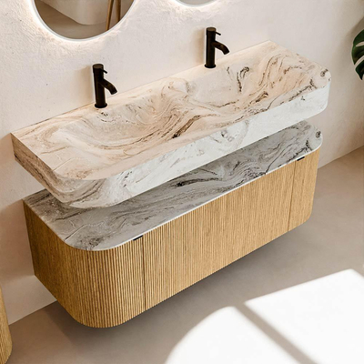 MONDIAZ THOR-DLUX Meuble de salle de bains 130cm arrondi gauche + droite couleur Oak avec 1 tiroir et 2 portes. Vasque suspendue CLOUD Double 2 trous de robinet couleur Glace.