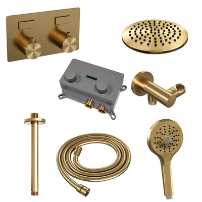 BRAUER Gold Edition Douche de pluie thermostatique encastrée - boutons-poussoirs - SET 59 - pomme de douche 20cm - bras de plafond - douchette 3 jets - flexible de douche - coude de raccordement mural - or brossé PVD