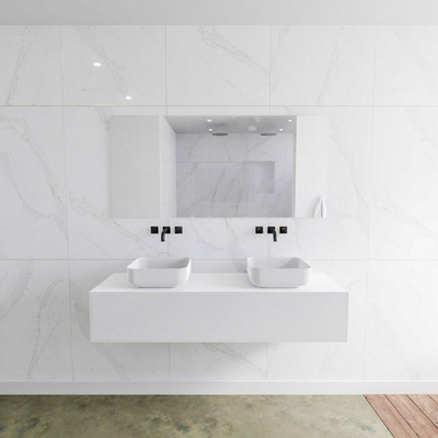 Mondiaz Lagom Meuble salle de bains 150x30.9x45cm Solid Surface Talc 1 tiroir avec lavabo BINX vasque à poser double Gauche et droite sans trous de robinet