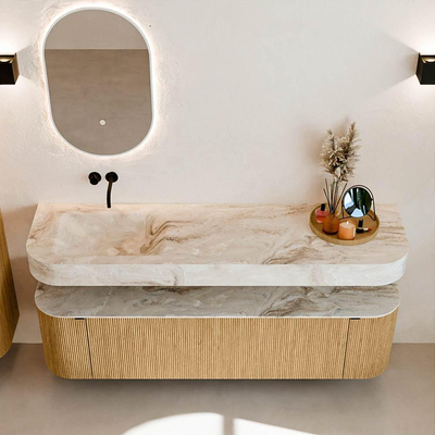 MONDIAZ THOR-DLUX Meuble de salle de bains - 170cm - arrondi gauche + droite - couleur Oak - 1 tiroir - 2 portes - Vasque suspendue CLOUD Gauche sans trou de robinet - couleur Frappe