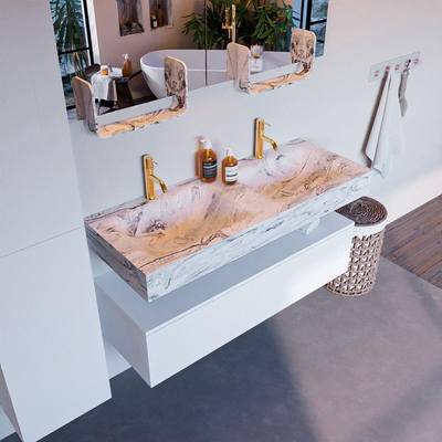 Mondiaz ALAN-DLUX Ensemble de meuble - 120cm - meuble Talc mat - 1 tiroir - Lavabo Cloud Glace suspendu - vasque Gauche et droite - 2 trous de robinet