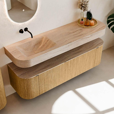 MONDIAZ THOR-DLUX 160cm badmeubel ronding links + rechts kleur Oak met 1 lade en 2 deuren. Vrijhangende wastafel CLOUD Links zonder kraangat kleur Saba.