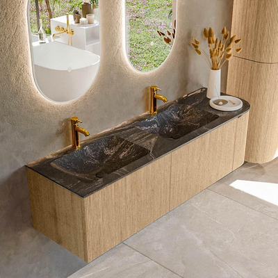 MONDIAZ KURVE-DLUX 155cm badmeubel met module 25 R kleur Oak met 2 lades en 1 deur. Wastafel LEAF dubbel / links 2 kraangaten kleur Lava.