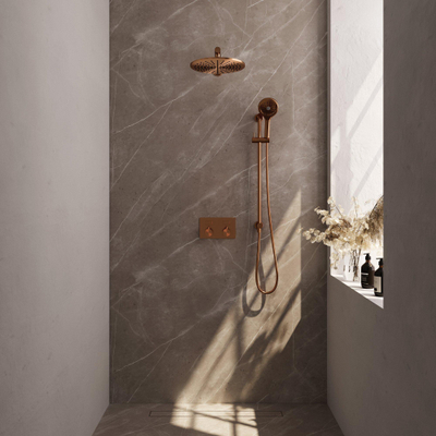 BRAUER Copper Edition Thermostatische Regendouche inbouw - drukknoppen - SET 68 - 30cm hoofddouche - rechte muurarm - 3 standen handdouche - doucheslang - geïntegreerde glijstang - koper geborsteld PVD
