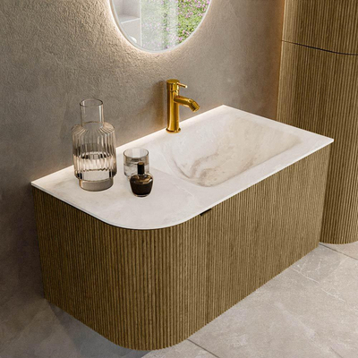 Mondiaz KURVE-DLUX Badkamermeubelset - 85x46x40cm - 1 lade - 1 deur - wastafel solid surface - rechts - 1 kraangat - Dusk