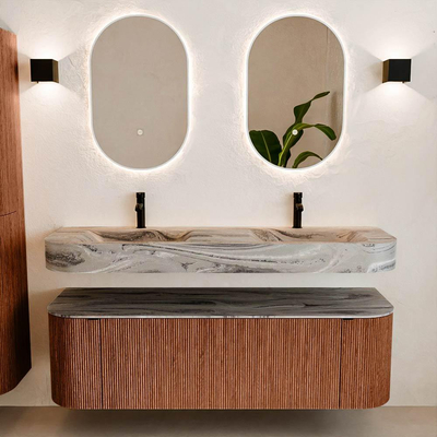 MONDIAZ THOR-DLUX 150cm meuble de salle de bains arrondi gauche + droite couleur Ruby avec 1 tiroir et 2 portes. Vasque suspendue CLOUD Double 2 trous de robinet couleur Sombra.