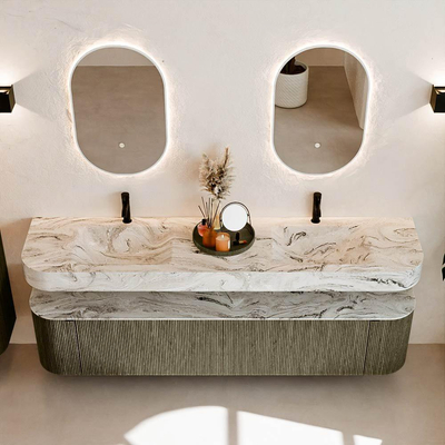 MONDIAZ THOR-DLUX Meuble de salle de bains - 200cm - arrondi gauche + droite - couleur Shadow - 2 tiroirs - 2 portes - Vasque suspendue CLOUD Double 2 trous de robinet - couleur Glace