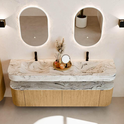 MONDIAZ THOR-DLUX 180cm badmeubel ronding links + rechts kleur Oak met 2 lades en 2 deuren. Vrijhangende wastafel CLOUD Dubbel 2 kraangaten kleur Glace.