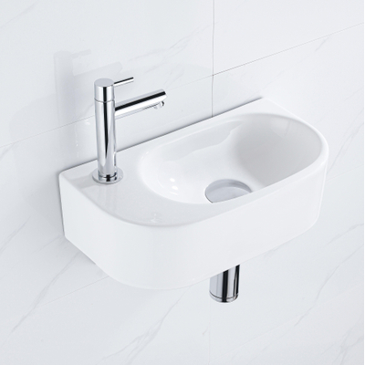 QeramiQ Fuente Fonteinset - 40x21.5x12cm - links - glad - halfrond - 1 kraangat - keramiek - fonteinkraan chroom - afvoerplug - verlaagd sifon - wit glans