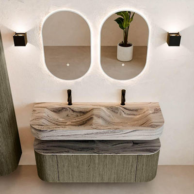 MONDIAZ THOR-DLUX 130cm meuble de salle de bains arrondi gauche + droite couleur Shadow avec 1 tiroir et 2 portes. Vasque suspendue CLOUD Double 2 trous de robinet couleur Sombra.