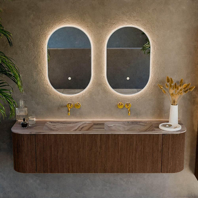 MONDIAZ KURVE-DLUX 170cm badmeubel ronding Links + Rechts kleur Walnut met 1 lade en 2 deuren. Wastafel LEAF Dubbel zonder kraangat Sombra.