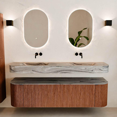 MONDIAZ THOR-DLUX 170cm meuble de salle de bains arrondi gauche + droite couleur Ruby avec 1 tiroir et 2 portes. Vasque suspendue CLOUD Double sans trou de robinet couleur Sombra.