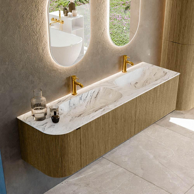 Mondiaz KURVE-DLUX Badkamermeubelset - 165x46x40cm - 2 lade - 1 deur - wastafel solid surface - dubbel / rechts - 2 kraangaten - Dusk