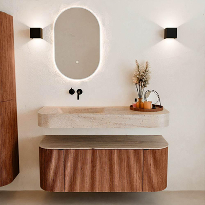 MONDIAZ THOR-DLUX 120cm badmeubel ronding links + rechts kleur Ruby met 1 lade en 2 deuren. Vrijhangende wastafel CLOUD Links zonder kraangat kleur Saba.