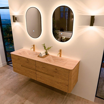 Mondiaz CIRO-DLUX Badkamermeubelset - 160x45x50cm - Solid surface wastafel Saba - 2 wasbak Dubbel - 2 kraangaten - 4 lades - Oak