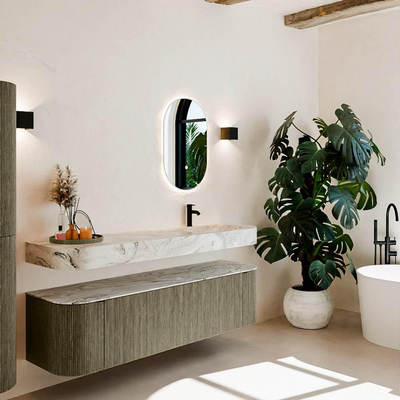 MONDIAZ THOR-DLUX Meuble de salle de bains 170cm arrondi gauche + droite couleur Shadow avec 1 tiroir et 2 portes. Vasque suspendue CLOUD Droite 1 trou de robinet couleur Glace.