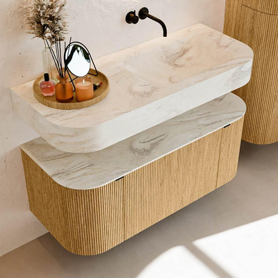 MONDIAZ THOR-DLUX 110cm meuble de salle de bains arrondi gauche + droite couleur Oak avec 1 tiroir et 2 portes. Vasque suspendue CLOUD Droite sans trou de robinet couleur Ostra.