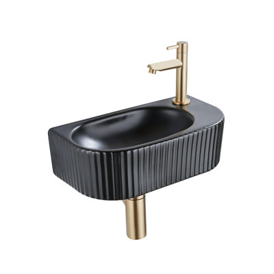QeramiQ Fuente pack lave-mains – demi-rond – 40 x 21,5 x 12 cm – perçage à droite – robinet doré brossé – cannelé