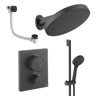 Crosswater MPRO Ensemble de douche de tête encastré - 2 poignées - vidage de bain - pomme de douche 30 cm - douchette - barre de douche - bras mural - noir mat