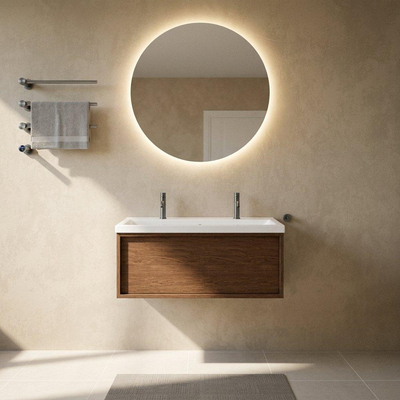 Saniclass Holz Frame Ensemble de meubles de salle de bains - 100x45x43.5cm - Lavabo Bari en céramique blanc - 1 vasque - 2 trous de robinetterie - 1 tiroir - walnut pure mat (bois)