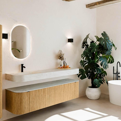 MONDIAZ THOR-DLUX 180cm meuble de salle de bains arrondi gauche + droite couleur Chêne avec 2 tiroirs et 2 portes. Vasque suspendue CLOUD Gauche 1 trou de robinet couleur Opalo.