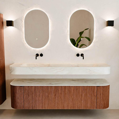 MONDIAZ THOR-DLUX 170cm meuble de salle de bains arrondi gauche + droite couleur Ruby avec 1 tiroir et 2 portes. Vasque suspendue CLOUD Double sans trou de robinet couleur Ostra.