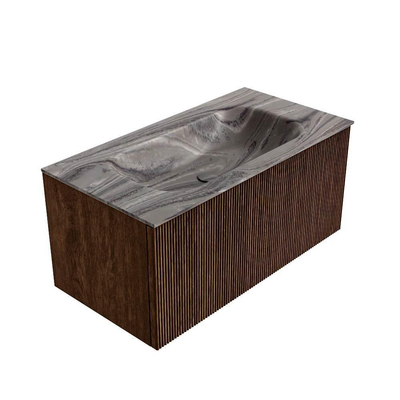 MONDIAZ KURVE-DLUX 90cm badmeubel kleur Walnut met 1 lade en 0 deuren. Wastafel BIG SMALL Midden zonder kraangat Sombra.