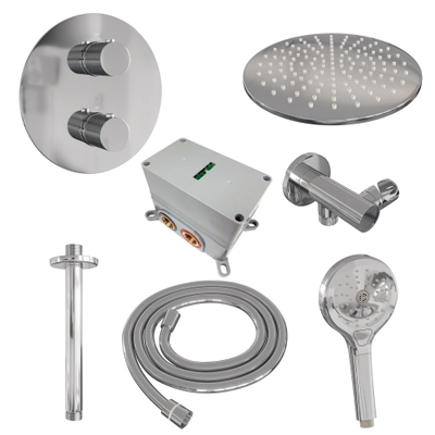 BRAUER Chrome Carving douche de pluie encastrée thermostatique - 3 voies - rond - set 84 - tête de douche 30cm - bras de plafond - douchette 3 jets - flexible de douche - coude de raccordement mural - chrome