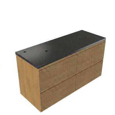 Saniclass Holz Atelier Ensemble de meubles de salle de bains - 120x45x63cm - Plan vasque en basalte Noche poli (noir) - 2 trous de robinet - 2 tiroirs - chêne natural mat (bois)