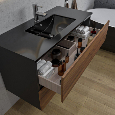 Adema Industrial 2.0 Ensemble de meuble 100x45x55cm avec vasque noire en céramique 1 trou de robinet avec trop-plein et miroir bois/noir