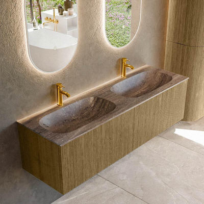 MONDIAZ KURVE-DLUX meuble de salle de bains 150 cm couleur Dusk avec 2 tiroirs et 0 porte. Lavabo STOR SMALL double 2 trous de robinet Oza.