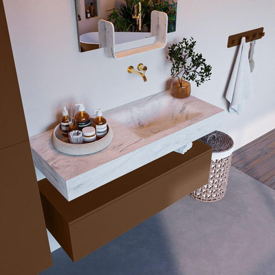 Mondiaz ALAN-DLUX Ensemble de meuble - 110cm - meuble Rust mat - 1 tiroir - Lavabo Cloud Opalo suspendu - vasque Droite - 0 trous de robinet