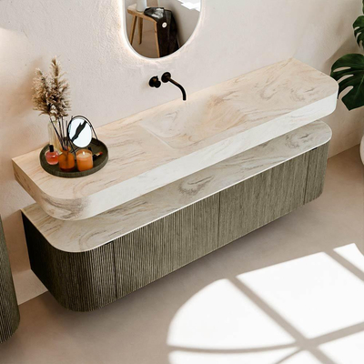 MONDIAZ THOR-DLUX 180cm meuble de salle de bains arrondi gauche + droite couleur Shadow avec 2 tiroirs et 2 portes. Vasque suspendue CLOUD Milieu sans trou de robinet couleur Ostra.