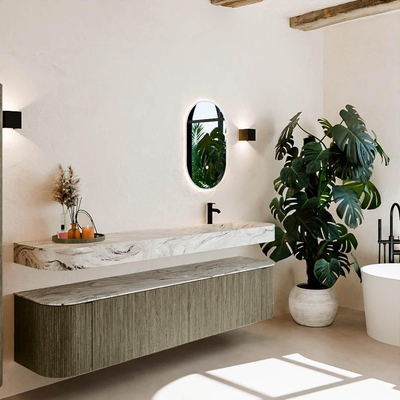 MONDIAZ THOR-DLUX 200cm meuble de salle de bains arrondi gauche + droite couleur Shadow avec 2 tiroirs et 2 portes. Vasque suspendue CLOUD Droite 1 trou de robinet couleur Glace.