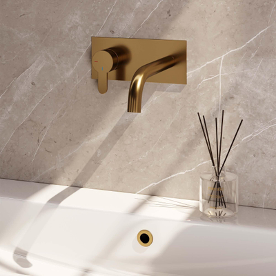 BRAUER Gold Edition Wastafelmengkraan inbouw - gebogen uitloop rechts - hendel plat smal - inclusief inbouwdeel - afdekplaat - model D2 PVD - geborsteld goud