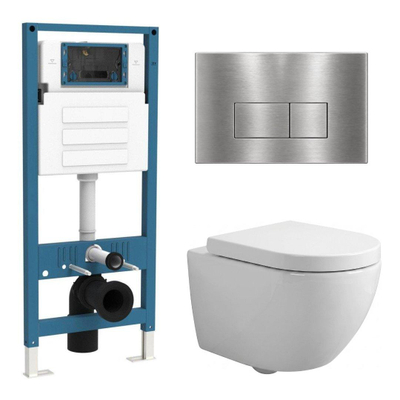 QeramiQ Dely Swirl Ensemble WC Compact - réservoir encastré QeramiQ flush - abattant 25mm - plaque de commande métallique inox - boutons rectangulaires - blanc brillant