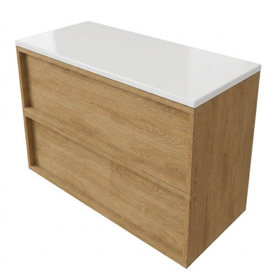 Saniclass Holz Frame Ensemble de meubles de salle de bains - 100x45x62.5cm - plan Torino en solid surface blanc - sans trou de robinetterie - 2 tiroirs - chêne naturel mat (bois)
