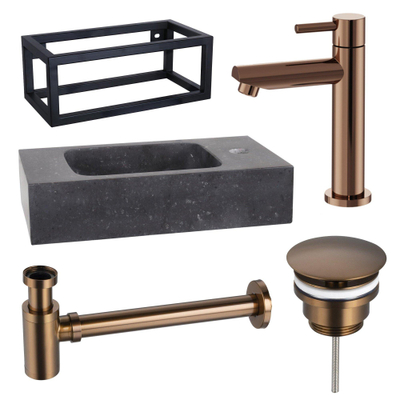 FugaFlow Eccelente Pietra ensemble de lavabo - 40x22x24,5cm - 1 trou de robinet - pierre naturelle - cadre noir - robinet de lavabo en cuivre - noir