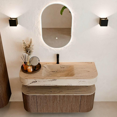 MONDIAZ THOR-DLUX 120cm meuble de salle de bains arrondi gauche + droite couleur Walnut avec 1 tiroir et 2 portes. Vasque suspendue CLOUD Milieu 1 trou de robinet couleur Arena.