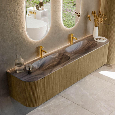 MONDIAZ KURVE-DLUX Meuble de salle de bains 190cm arrondi Gauche + Droite couleur Dusk avec 2 tiroirs et 2 portes. Plan-vasque STOR SMALL Double 2 trous de robinet Sombra.