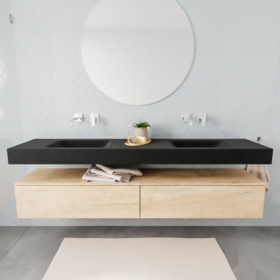 MONDIAZ ALAN 200cm - meuble bas - chêne blanchi - 2 tiroirs - lavabo suspendu - 2 bassins - 0 trous de robinet - urban