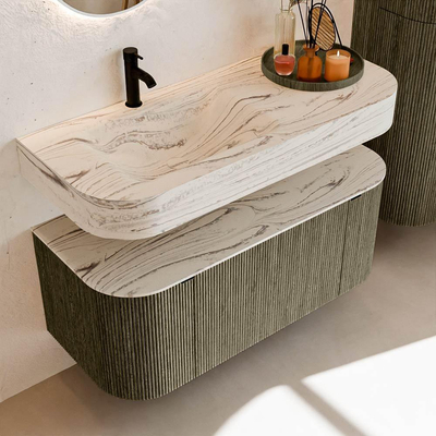 MONDIAZ THOR-DLUX 110cm meuble de salle de bains arrondi gauche + droite couleur Shadow avec 1 tiroir et 2 portes. Vasque suspendue CLOUD Gauche 1 trou de robinet couleur Nata.