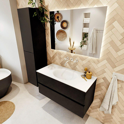 MONDIAZ VICA meuble sous lavabo 100cm Urban 2 tiroirs. Lavabo MOON central sans trou de robinet, couleur Talc.