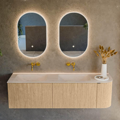 MONDIAZ KURVE-DLUX 155cm badmeubel ronding Rechts kleur Oak met 2 lades en 1 deur. Wastafel LEAF Dubbel / Links zonder kraangat Meli.