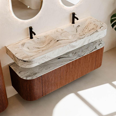 MONDIAZ THOR-DLUX 150cm meuble de salle de bains arrondi gauche + droite couleur Ruby avec 1 tiroir et 2 portes. Vasque suspendue CLOUD Double 2 trous de robinet couleur Glace.