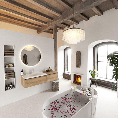 MONDIAZ BUKLA 140cm ensemble de meuble avec module 60 couleur Chêne blanchi avec 2 tiroirs. Lavabo CLOUD gauche 1 trou de robinet couleur Talc.