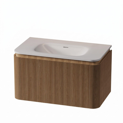 Royal Plaza Terra Edge Ensemble meuble de salle de bains - 80x44.7x46cm - vasque en solid surface blanc mat - 1 vasque - sans trou de robinet - 2 tiroirs - sandwood (chêne clair)