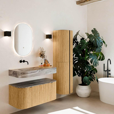 MONDIAZ THOR-DLUX 100cm badmeubel ronding links + rechts kleur Oak met 1 lade en 2 deuren. Vrijhangende wastafel CLOUD Links zonder kraangat kleur Sombra.