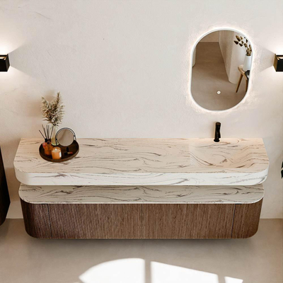 MONDIAZ THOR-DLUX 200cm badmeubel ronding links + rechts kleur Walnut met 2 lades en 2 deuren. Vrijhangende wastafel CLOUD Rechts 1 kraangat kleur Nata.